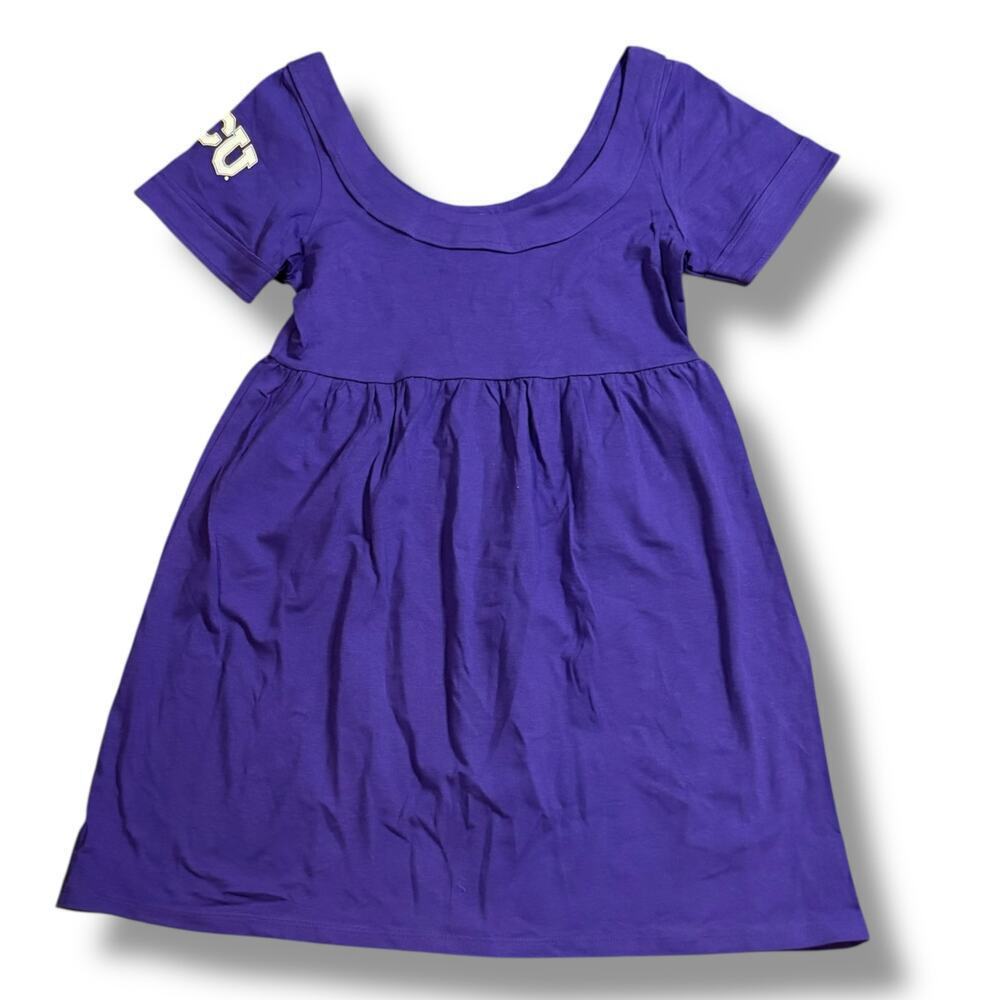Y2K NOS TCU Mini Scoop Neck Dress Womens Baby Doll Purple White Logo Size L